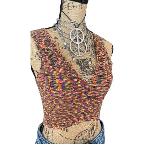 CIDER knitted crop top stretchy ribbed sleeveless sweater v-neck small - Picture 3 of 8